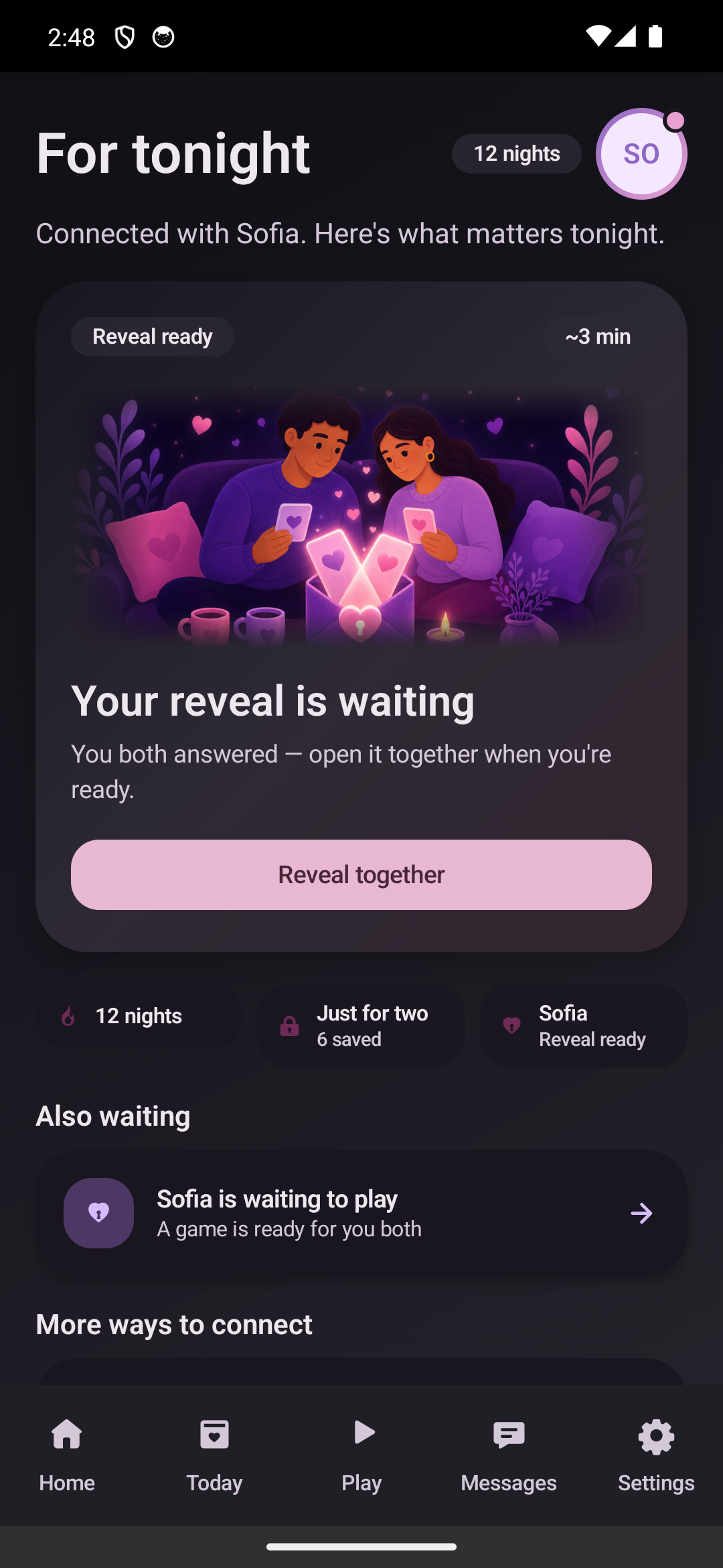 Home screen with the daily question reveal ready in dark mode