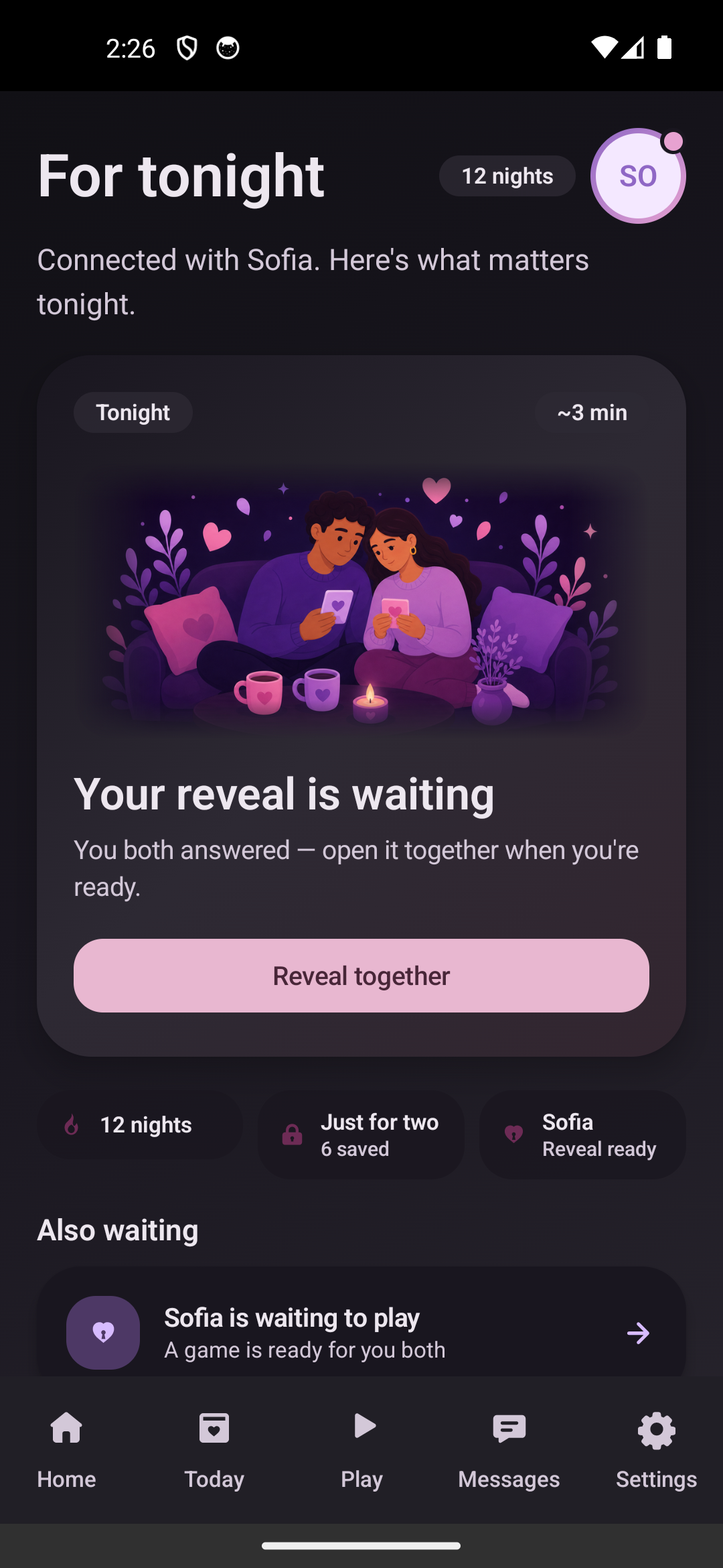 Home screen with the daily question reveal ready in dark mode