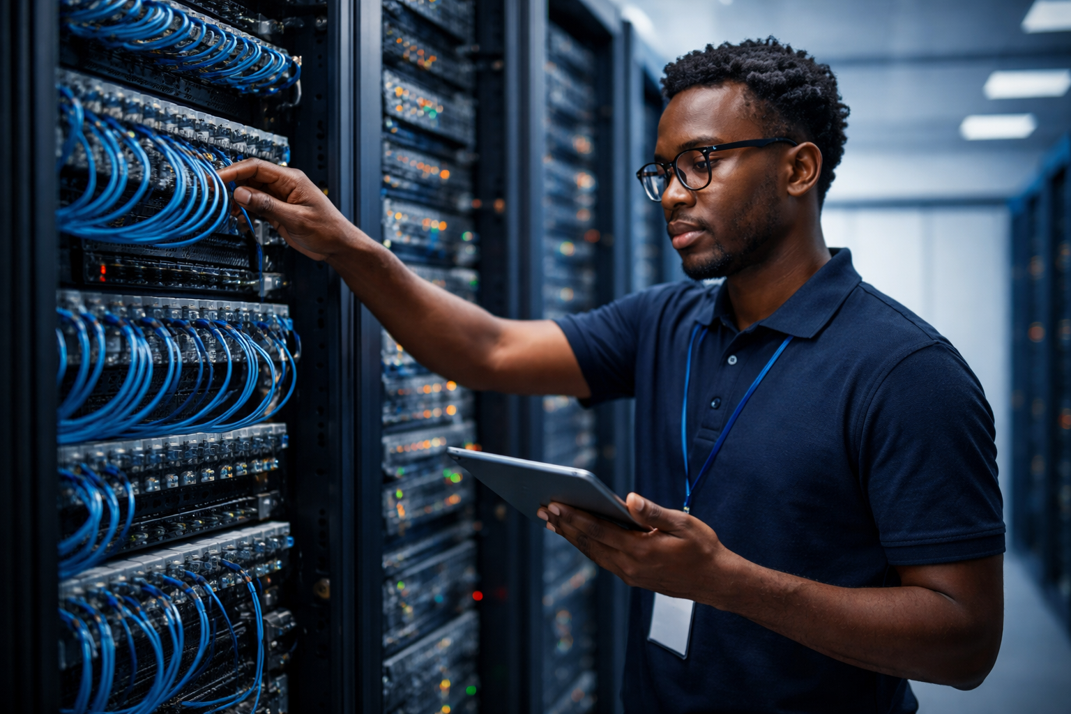 Technician working in a data center